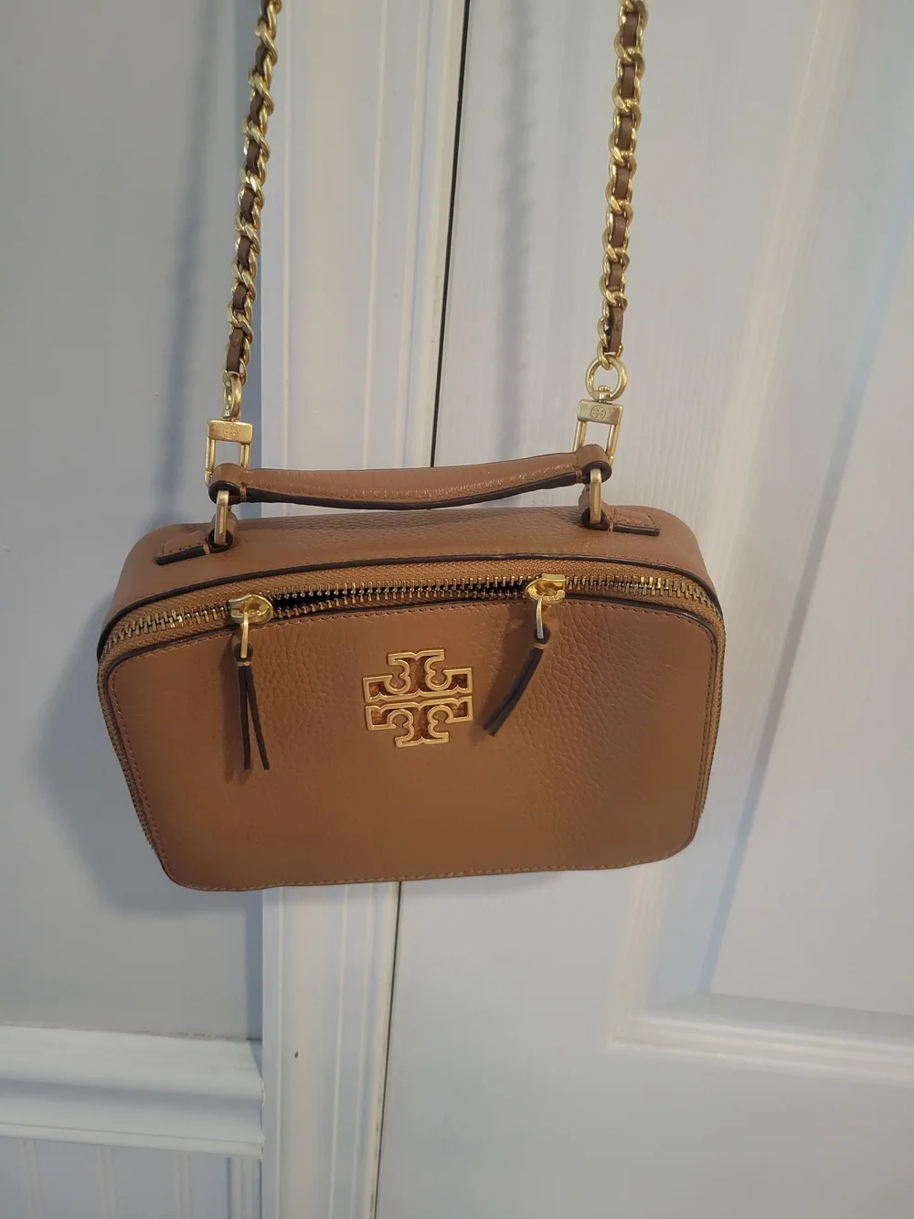 Tory Burch Tan Leather Crossbody Camera Bag with Gold Chain